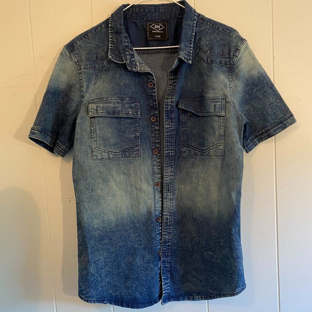 Rok Button Up Boho Bleached Distressed Short Sleeve Denim Top Women Size L